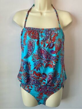 Garnet Hill Turquoise Paisley Print Strapless Halter One Piece Swimsuit Size 8